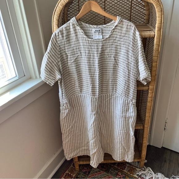 Flax Dresses & Skirts - Flax Striped 100% Linen Smocked Dress Lagenlook Medium